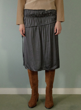 黑现货LETERIE 24秋拼接设计感抽绳褶皱半身裙宽松中长裙韩国代购
