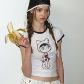 T恤拼色圆领百搭上衣韩国代购 CRANK 卡通印花修身 短袖 25夏季 新品