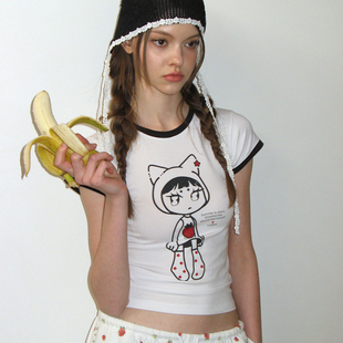 CRANK 25夏季新品卡通印花修身短袖T恤拼色圆领百搭上衣韩国代购