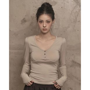 KHAKIPOINT 25秋新款修身纯欲V领打底衫长袖上衣韩国代购