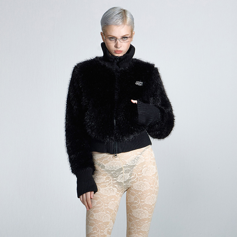 SCULPTOR 24秋季新品人造环保皮草短款立领毛绒外套韩国代购