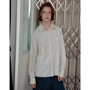 宽松百搭上衣韩国代购 宽松bf风条纹撞色衬衫 25秋新品 ANOETIC