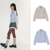 衬衣韩国代购 CRANK 学院风短款 长袖 25冬新款 收腰压褶格纹衬衫