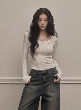 KHAKIPOINT 25秋新款修身纯欲波点长袖T恤休闲百搭打底衫韩国代购