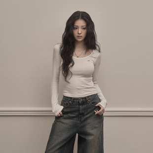 KHAKIPOINT 25秋新款修身纯欲波点长袖T恤休闲百搭打底衫韩国代购