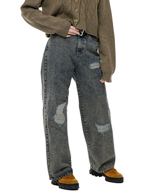 runningHIGH 21秋季新品水洗做旧磨毛破洞直筒牛仔裤韩国代购