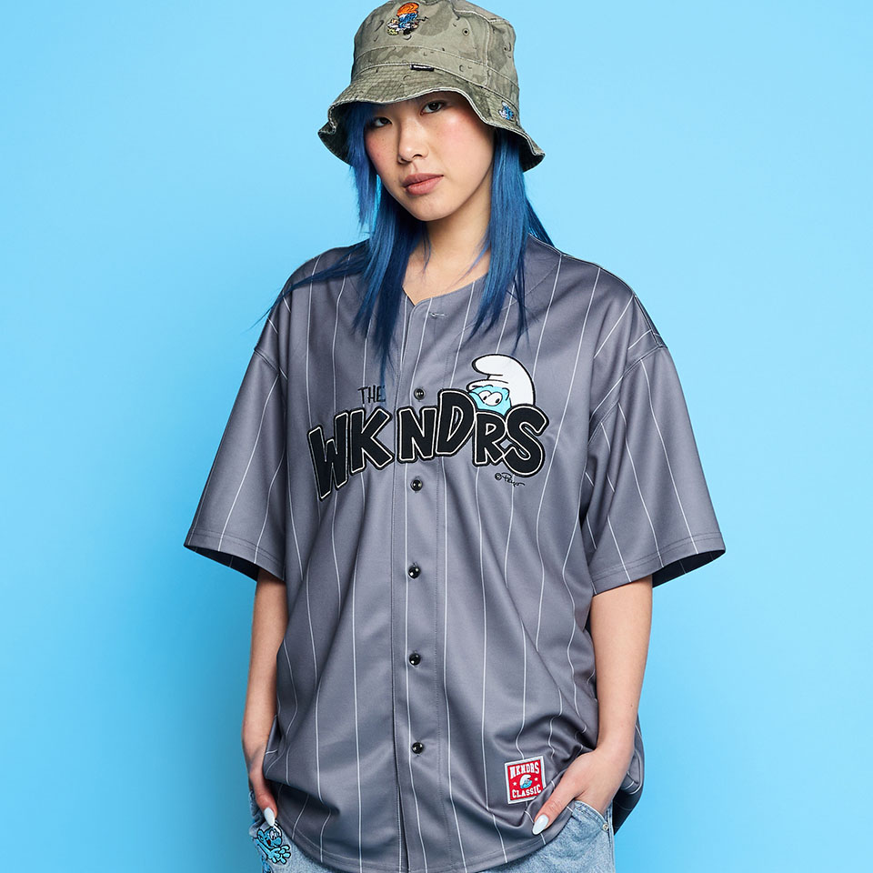 WKNDRS 蓝精灵联名25夏季新品条纹棒球服短袖T恤韩国代购
