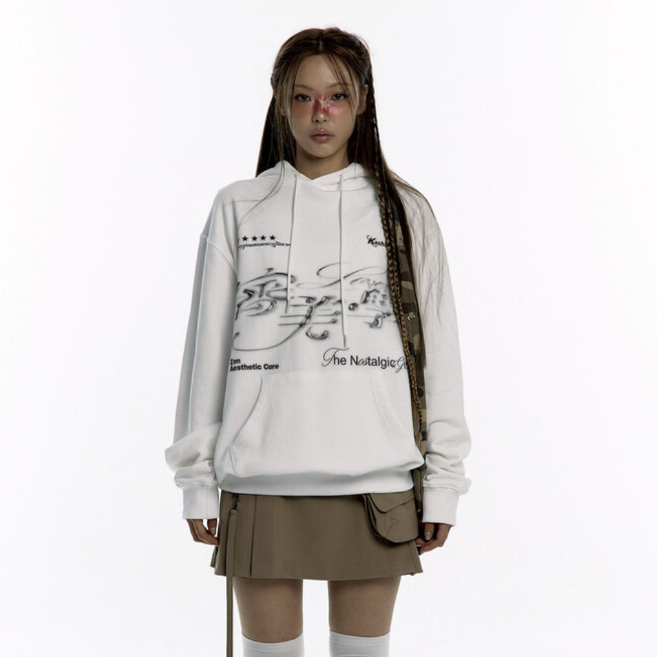 现货KASHIKO 24秋季白色印花连帽衫上衣宽松休闲套头卫衣韩国代购