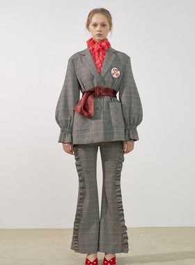 5折 ROMANCHIC 2019秋冬新款格纹灯笼袖西装外套+褶裥拼接西装裤