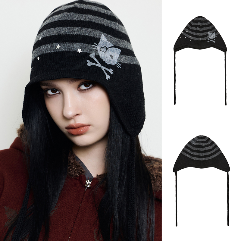 LUV IS TRUE 25冬季新款猫咪印花条纹针织帽护耳帽韩国代购