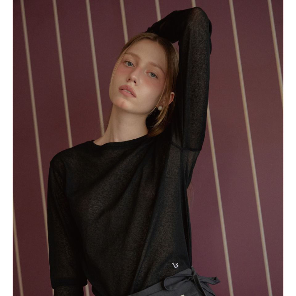 LETERIE 24秋季新款微透网纱拼接薄款打底衫修身上衣韩国代购