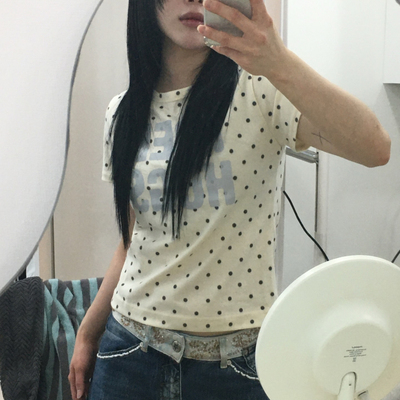 SCULPTOR 25夏季新品甜美可爱波点短袖修身字母印花T恤韩国代购