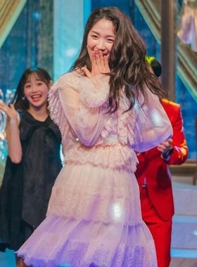 秒发ROMANCHIC 21春夏新品蕾丝V领长袖连衣裙法式优雅礼服裙韩国