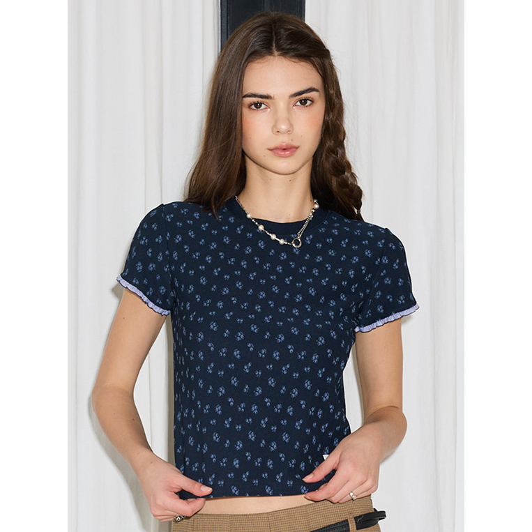 LARTIGENT 25秋季新品法式碎花甜美淑女短袖修身百搭T恤韩国代购