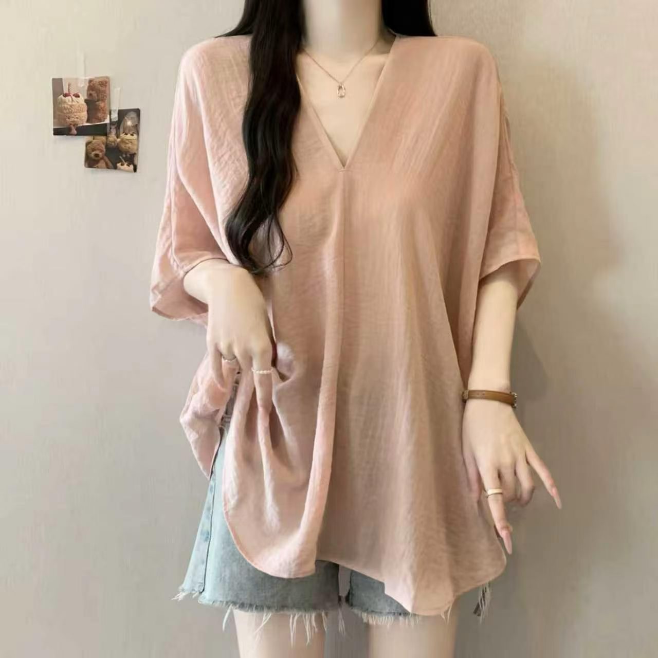 蝙蝠短袖V领打底衬衫女夏季新款大码胖mm显瘦宽松遮肚子减龄上衣