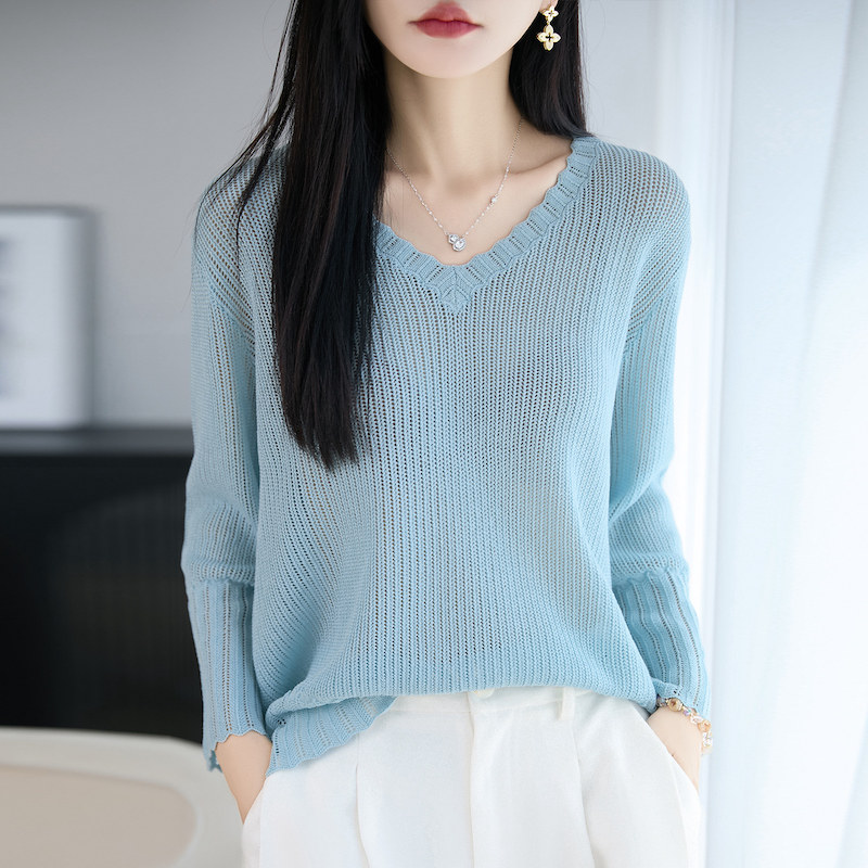 V领镂空短袖女夏季新款打底衫洋气大码女装莱赛尔针织上衣九分袖