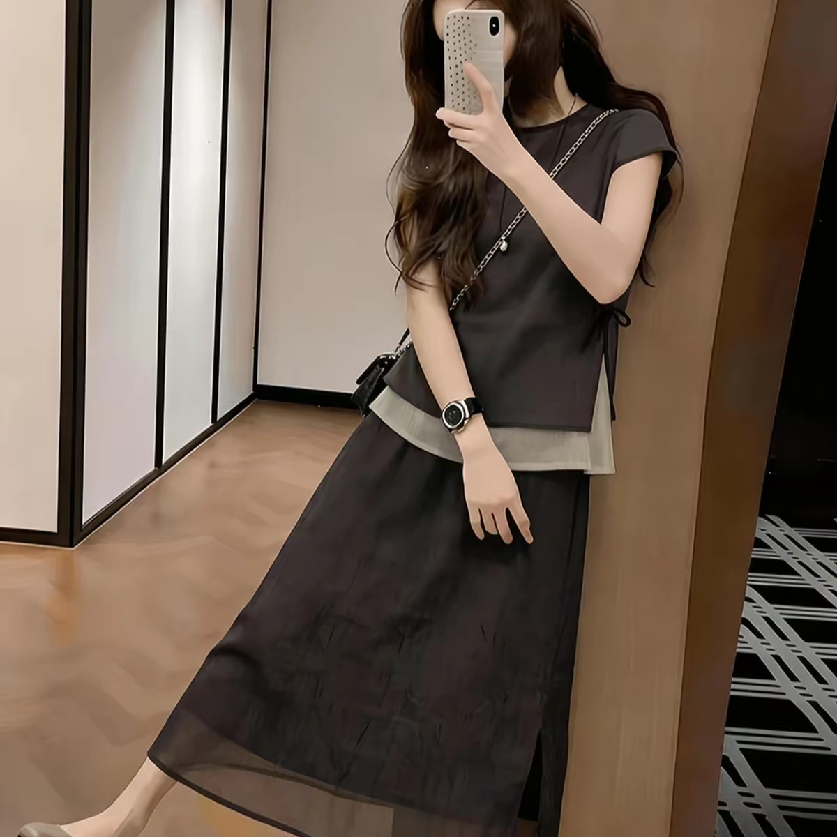 2026夏季新款上新小众设计假两件短袖系带上衣修身半身裙两件套女