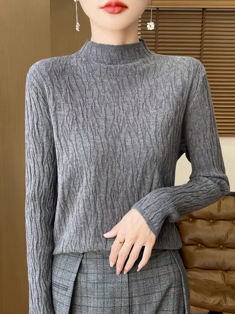 暗纹秋冬新款半高领打底衫女宽松薄款内搭中领毛衣女长袖针织衫
