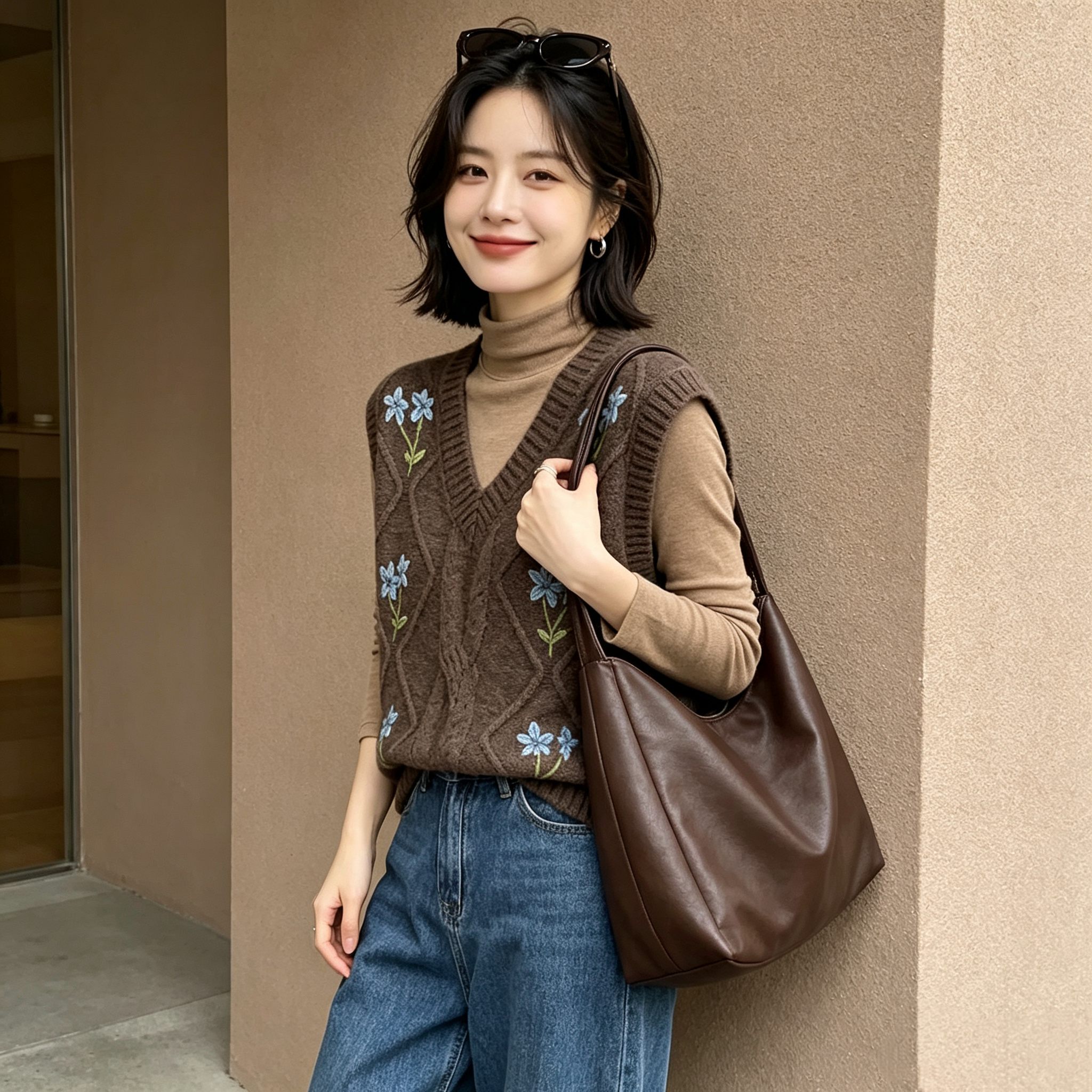 女圆领拼色爱心刺绣针织毛衣宽松气质羊绒衫打底上衣坎肩马甲