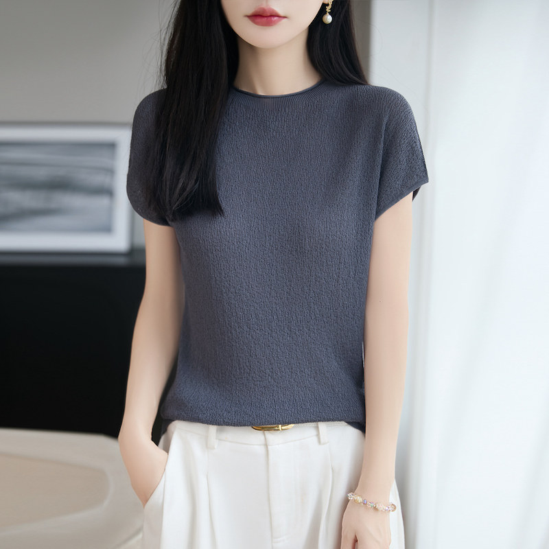 莱赛尔天丝上衣2026夏季新款半高领短袖t恤女薄款宽松飞袖针织衫