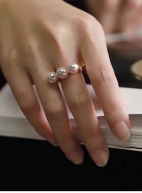 T家同款平衡木珍珠戒指纯银镀18K金刘亦菲食指海水akoya三珠礼物