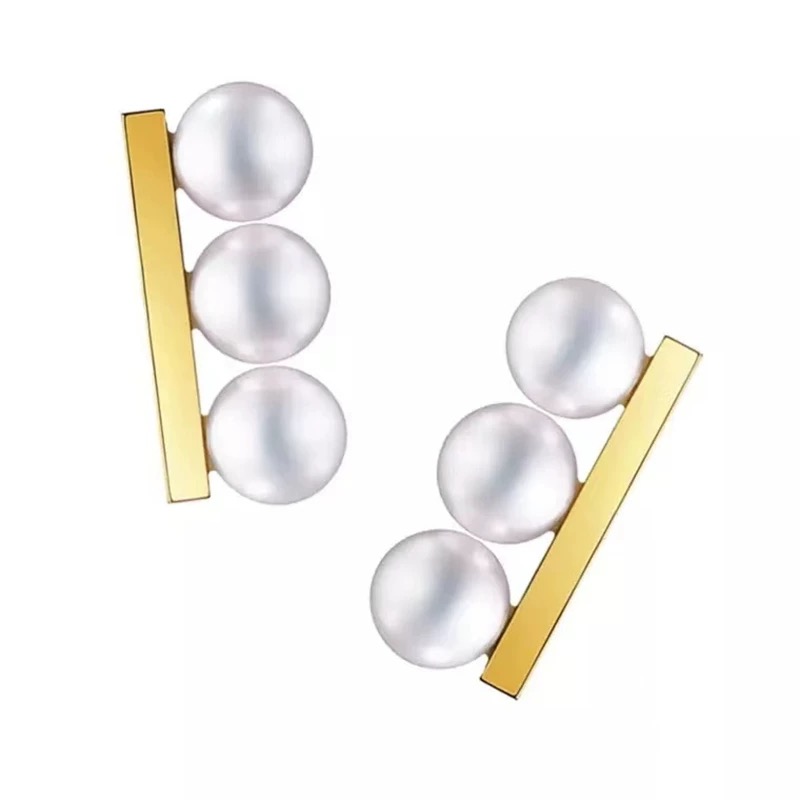 T家同款周也任嘉伦耳钉 三珠平衡木海水珍珠 18K金专拍 一证一物