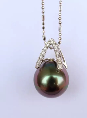 孔雀绿天然原色海水大溪地珠子珠子10-11mm圆微瑕925精工镶毛衣链