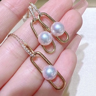 T家同款回形针珍珠耳钉正圆极光天然珍珠耳环纯银法式曲别针项链