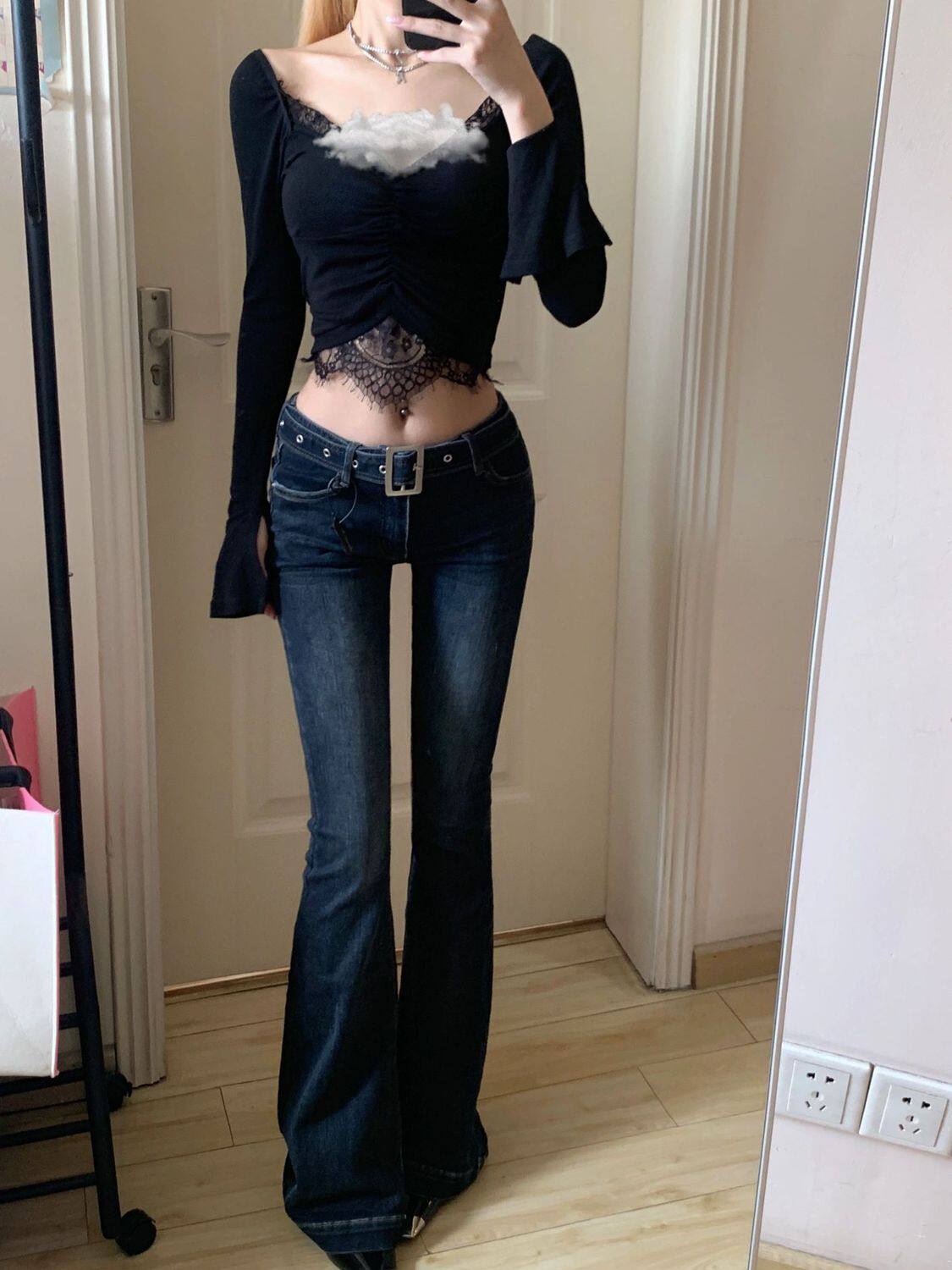 美式复古微喇牛仔裤女春季新款修身显瘦低腰长裤直筒烟管喇叭裤潮