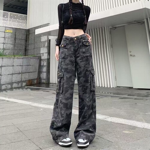 辣妹迷彩高腰工装牛仔裤阔腿口袋