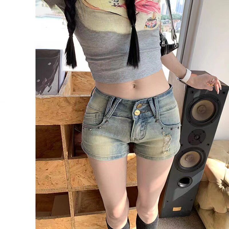 美式复古牛仔短裤女夏季辣妹紧身弹力高街性感包臀水洗低腰热裤子