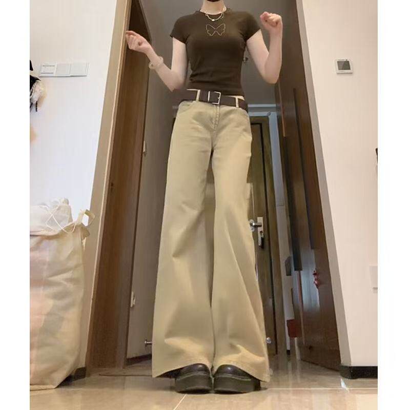 卡其色美式复古微喇牛仔裤女春秋低腰不贴腿显瘦百搭垂感阔腿裤子