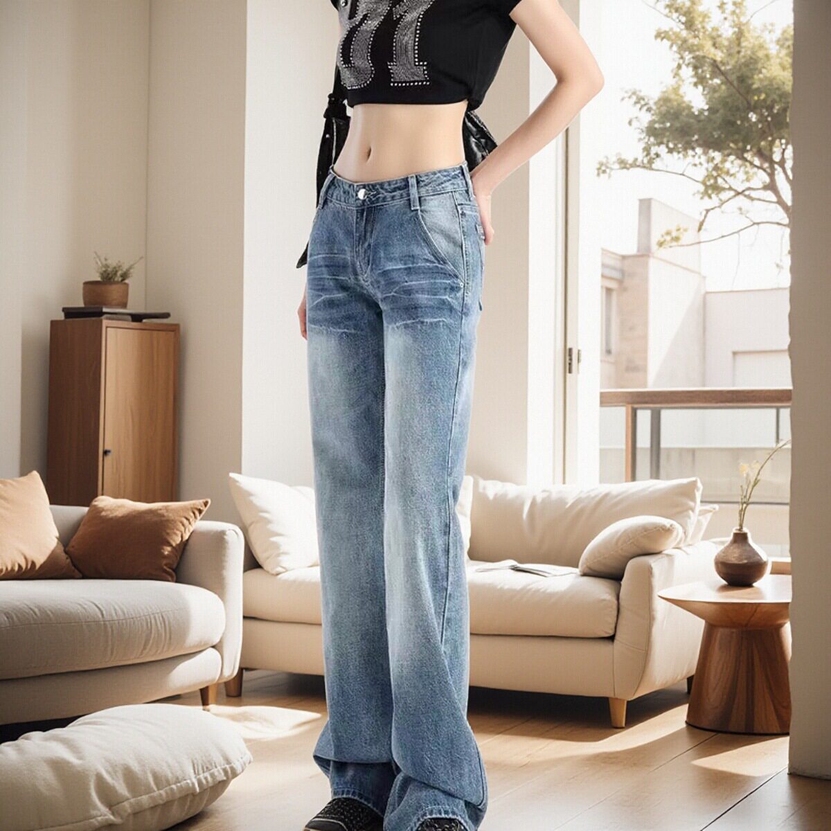 2025春季新品美式复古低腰垂感宽松微喇牛仔裤女洋气百搭显瘦长裤