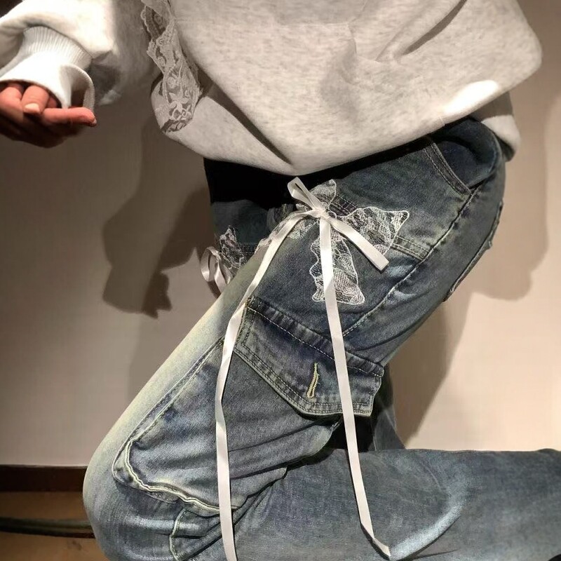 美式ins潮蕾丝拼接设计感高腰微喇牛仔裤女春秋垂坠感显瘦喇叭裤