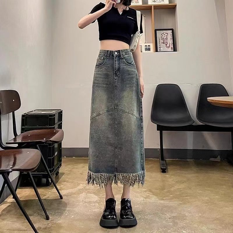 开叉复古流苏牛仔半身裙女中长款春夏季高腰毛边设计感a字包臀裙