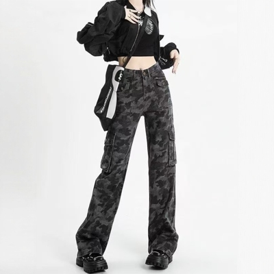 美式高街迷彩阔腿牛仔工装裤