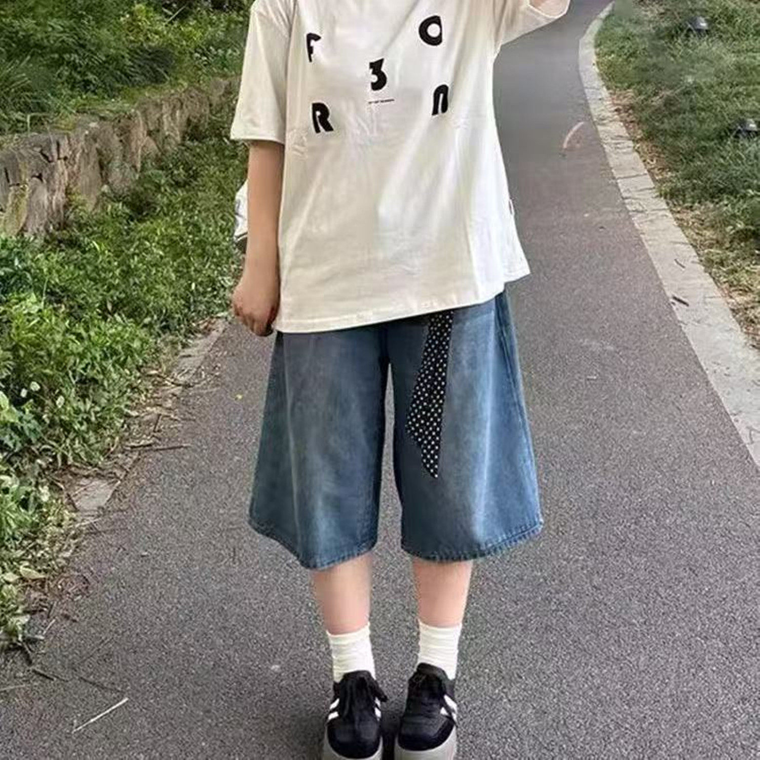 复古阔腿牛仔短裤大码显瘦七分裤