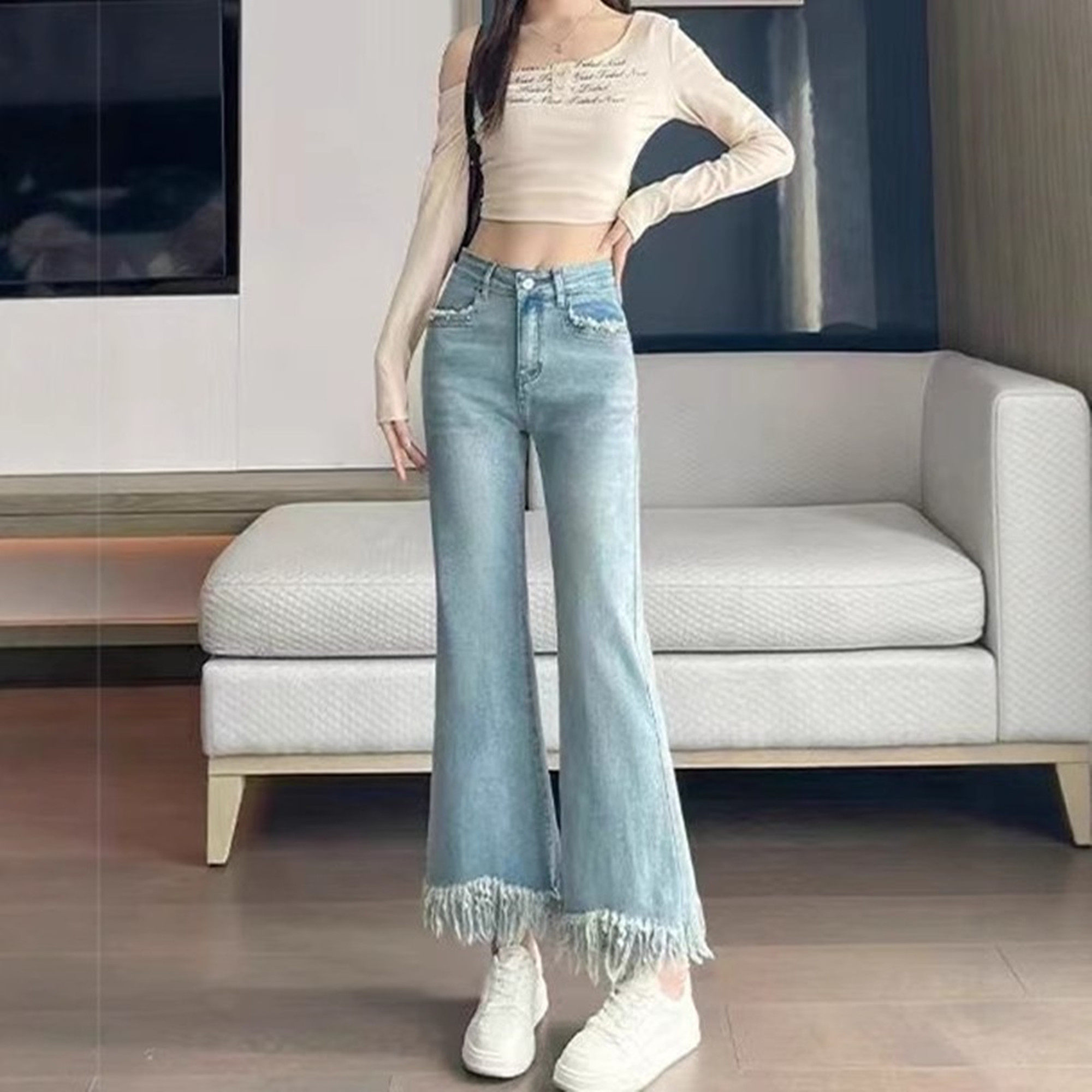 复古流苏毛边喇叭牛仔裤女2026年春秋新款高腰弹力显瘦九分微喇裤