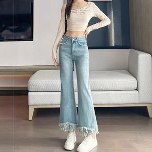 复古流苏毛边喇叭牛仔裤女2026年春秋新款高腰弹力显瘦九分微喇裤