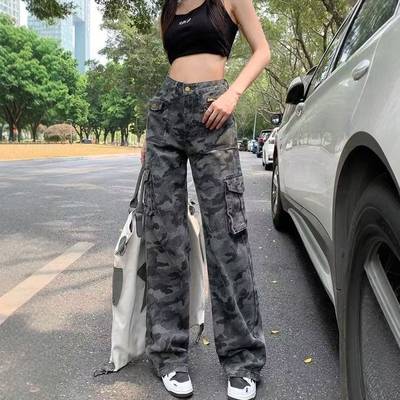 美式复古迷彩牛仔工装裤宽松阔腿