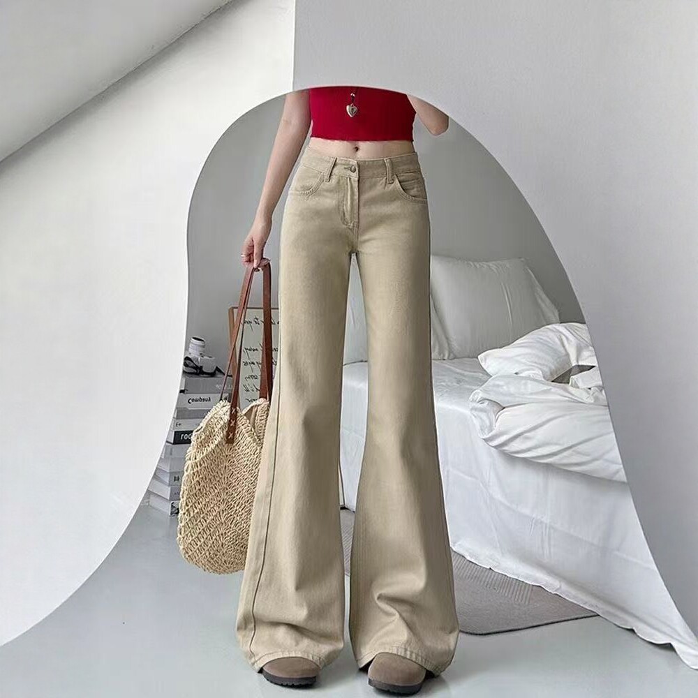 美式复古微喇叭牛仔裤女2026春季新款低腰宽松卡其色垂感阔腿裤子