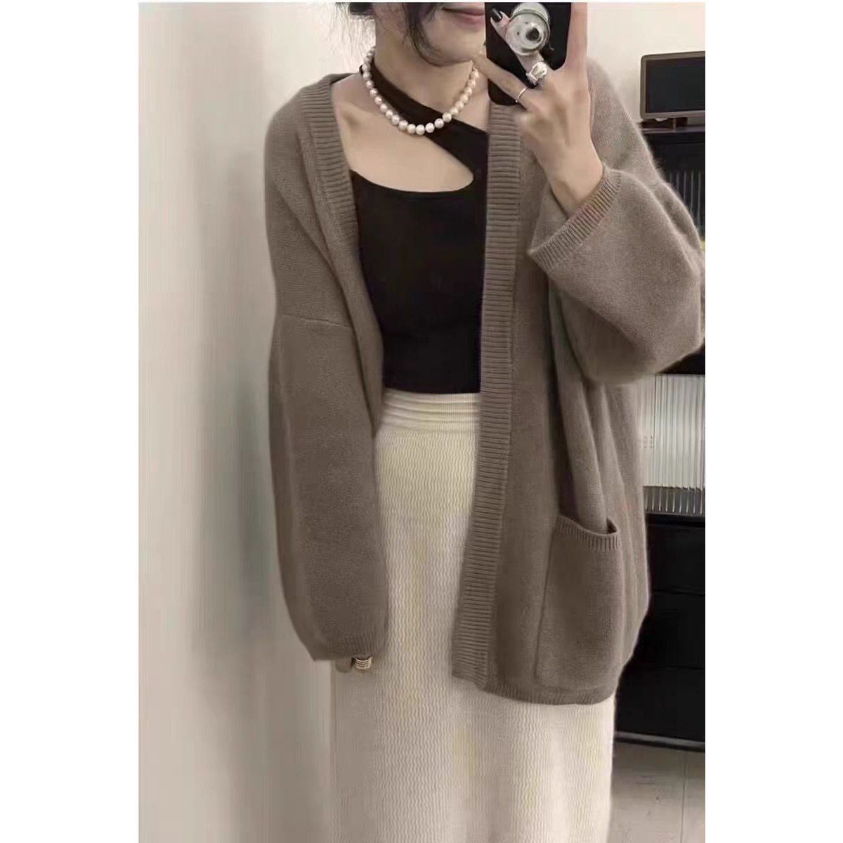 秋冬新款慵懒风100%纯羊毛开衫女中长款V领宽松百搭羊绒毛衣外套
