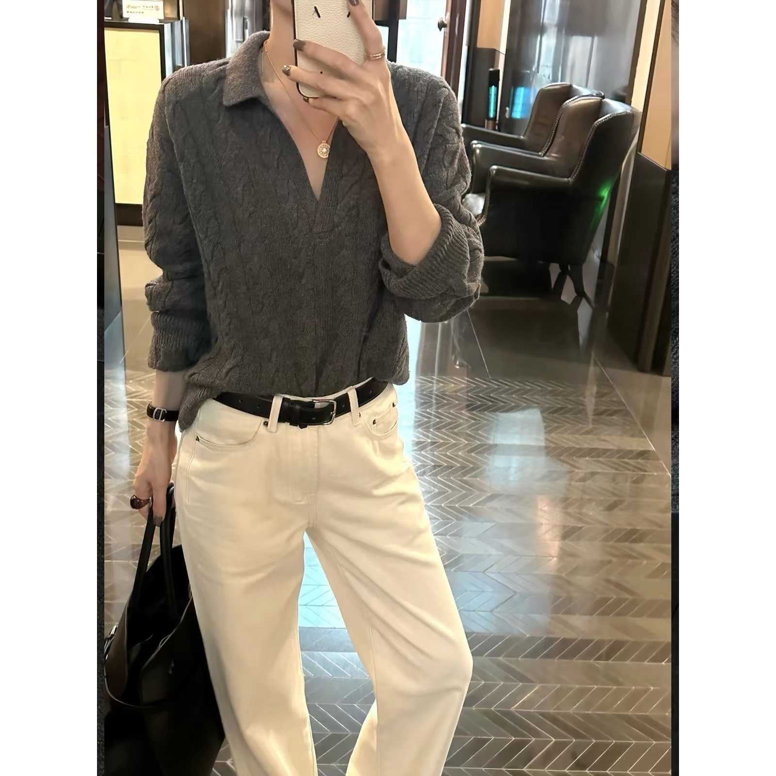秋冬新款老钱风V领半拉链麻花羊毛针织衫女长袖灰色毛衣高级感