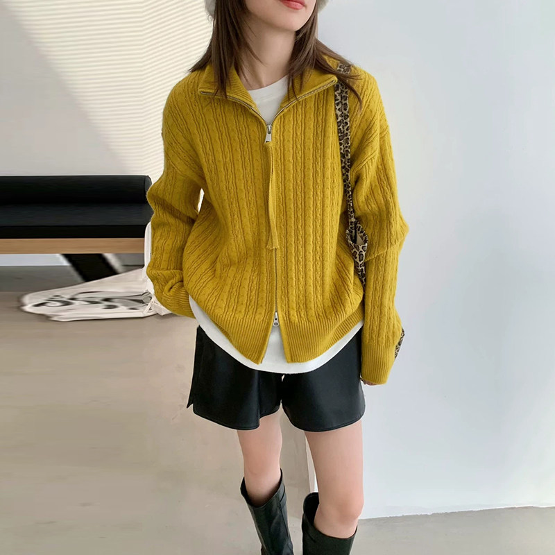 新品慵懒风高领连帽拉链100%羊毛针织开衫女宽松百搭羊绒毛衣外套