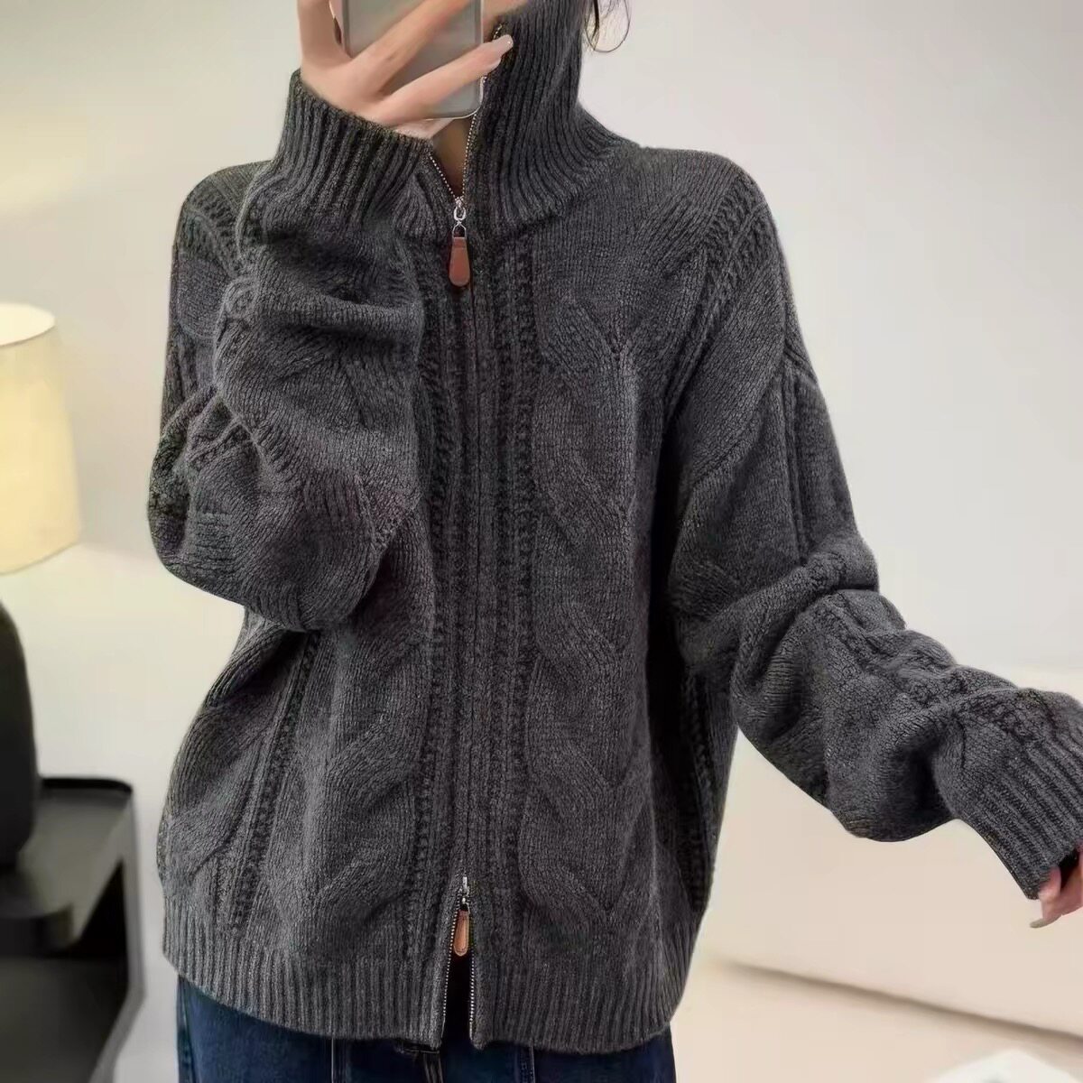 秋冬老钱风麻花纹拉链羊毛开衫女高领加厚羊绒针织衫宽松毛衣外套