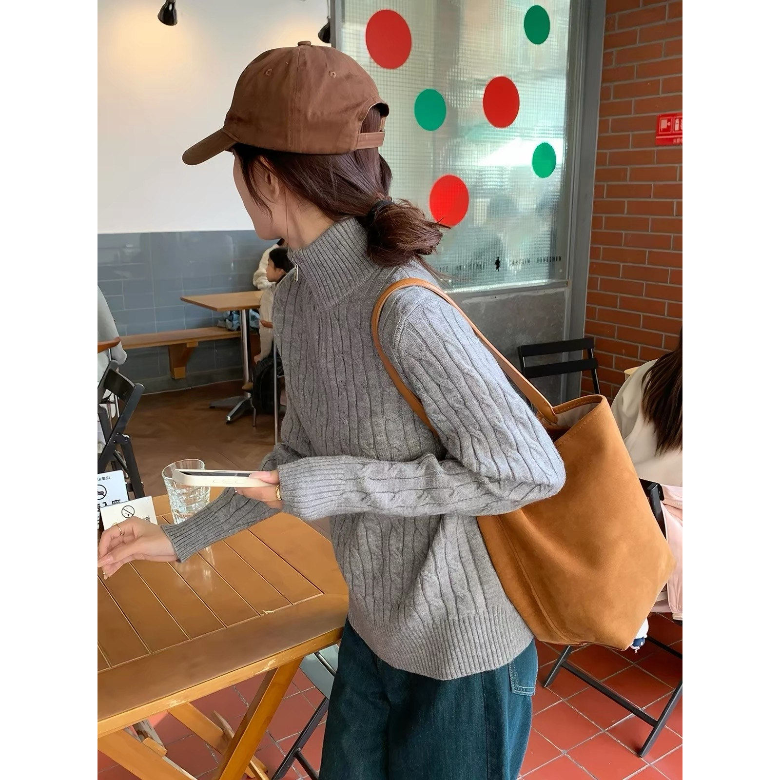 秋冬慵懒风半拉链高领麻花羊毛针织衫女灰色高级感羊绒毛衣打底衫