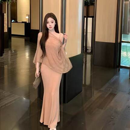 春夏微胖MM纯欲吊带鱼尾连衣裙套装遮肚子显瘦修身防晒罩衫两件套