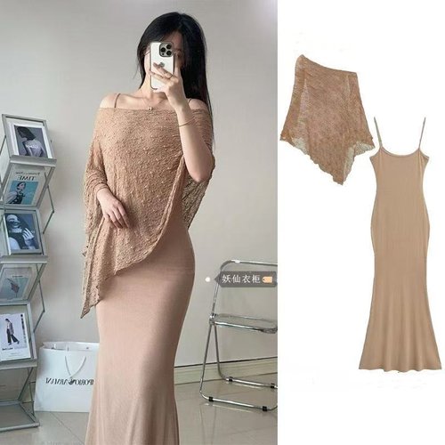 2025春夏新款纯欲风不规则防晒套装女修身包臀裙长款吊带裙两件套