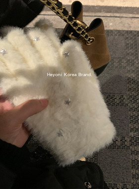 HEYONI原创奶白色星星仿水貂毛手套女冬季保暖分指可触屏出口韩国