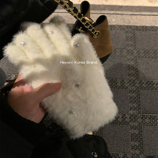 HEYONI原创奶白色星星仿水貂毛手套女冬季保暖分指可触屏出口韩国